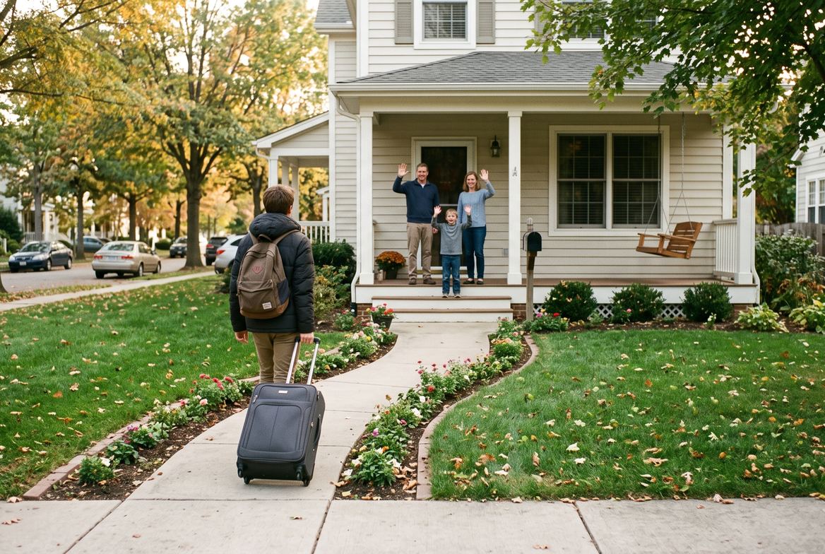 An international student with a rolling suitcase walking up the path to a suburban house as their host family waves from the porch.
