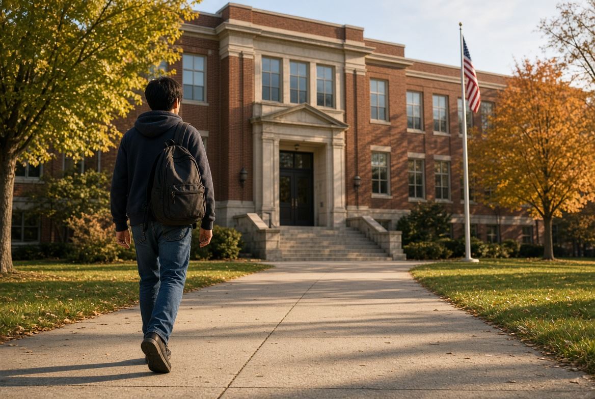 An international student with a backpack walking up the front path toward a red-brick American high school on a bright autumn morning, an American flag by the entrance.
