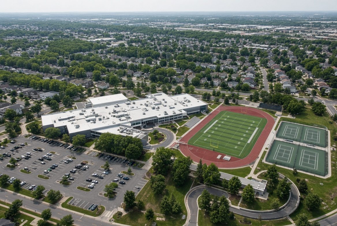 An aerial view of a modern American high school campus — a long flat-roofed building beside a red running track circling a green football field, tennis courts and a large parking lot, with neighbourhood streets and trees beyond.